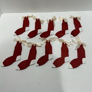 10 Vtg Handcrafted Wooden Stocking Ornaments  in Red & White - 5 1/2” x 3 1/2”